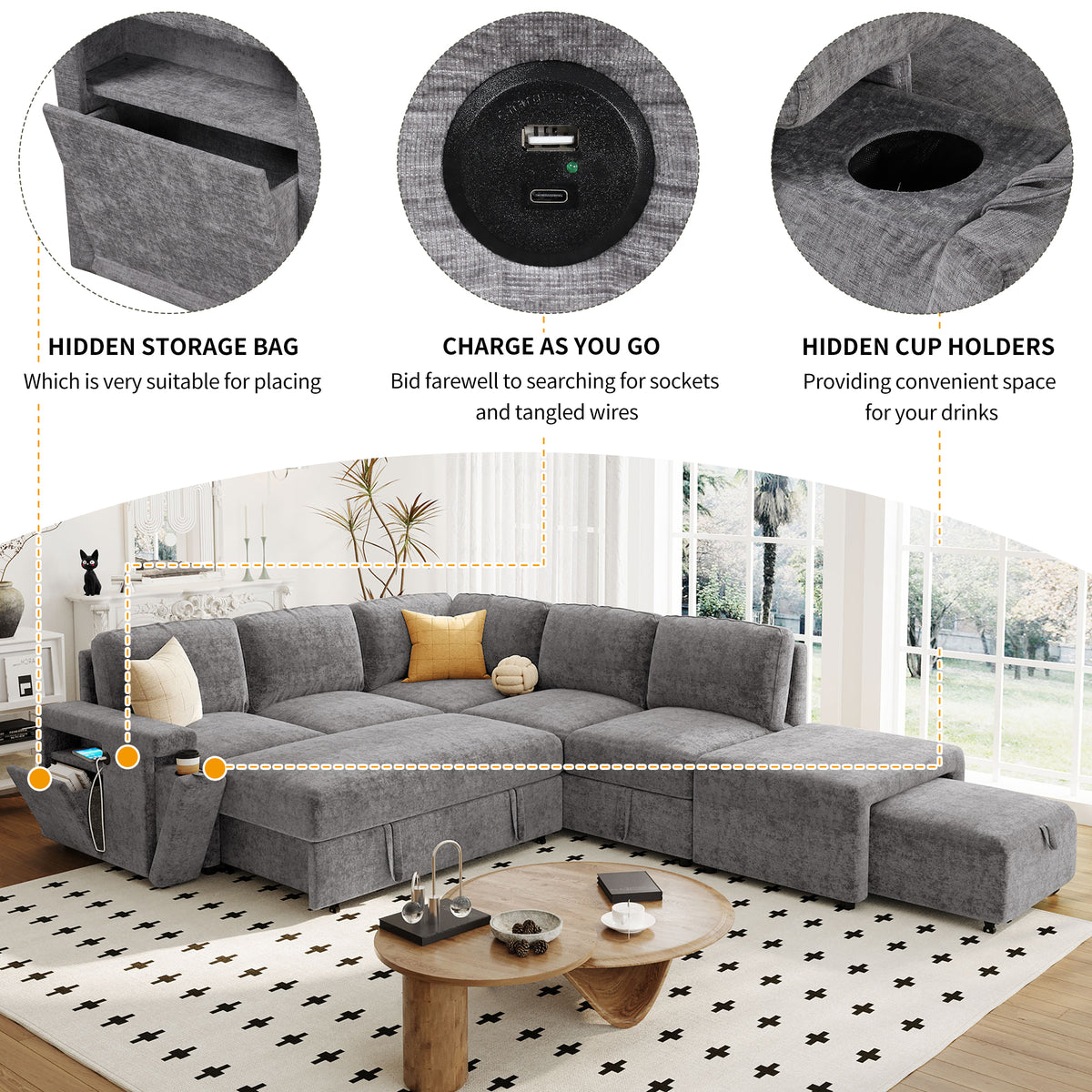 variant-group:rf-n711wy000390aae|Roomfitters L-Shaped Padded Modular Sofa with Storage Space, USB Ports, and Cup Holders on the Armrests, Suitable for Living Rooms, Offices, and Apartments, Gray