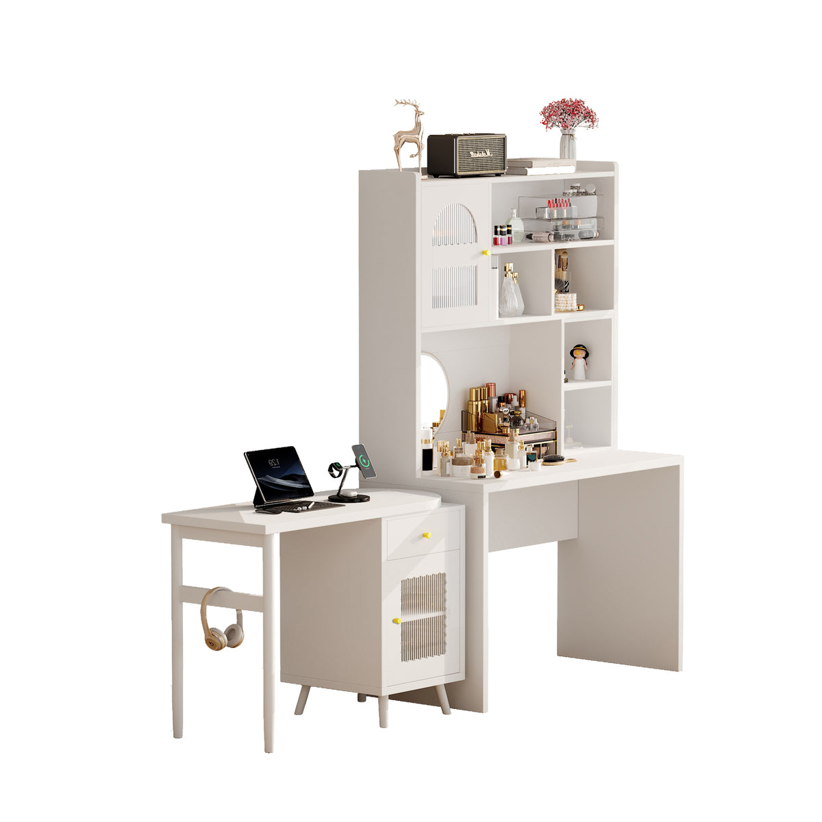 variant-group:rf-n733s363716k|Roomfitters Rotating L-Shaped Computer Desk with Shelves and Storage, 90° Swivel Office Writing Desk, White