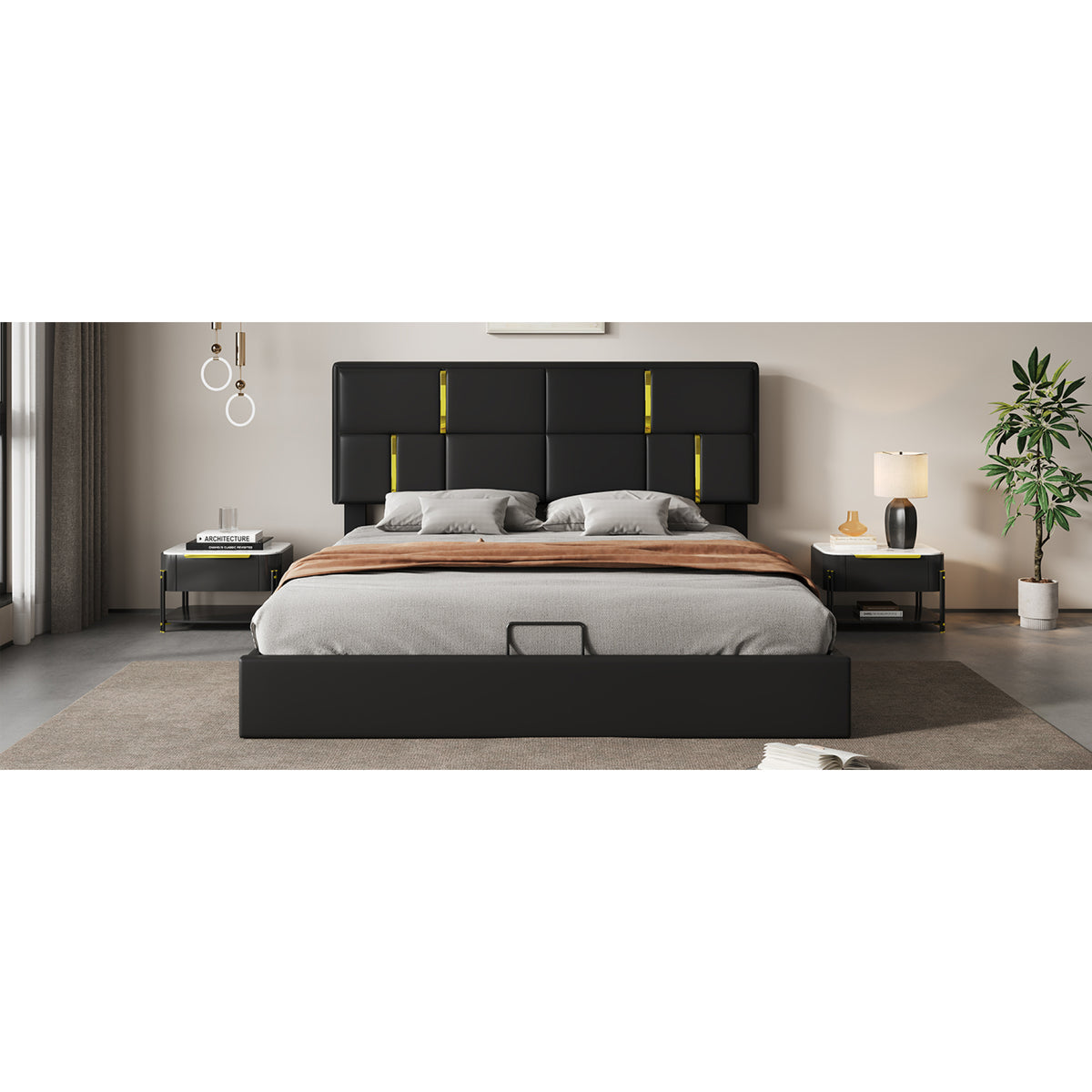 variant-group:rf-n733s362241b|Roomfitters Queen Upholstered Platform Bed with Hydraulic Storage Lift, Modern Bed Frame, No Box Spring Required, Black