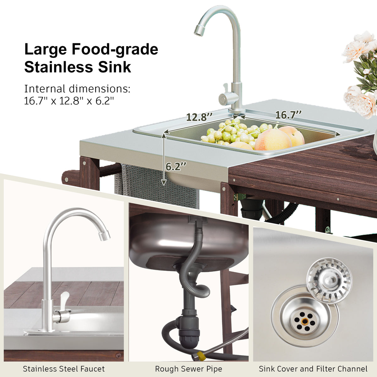 variant-group:rf-n707s000022z|Roomfitters 75.4" Outdoor Kitchen Island with Sink, Fir Wood Grill Cart for XL Green Egg & Tabletop Grills, Brown