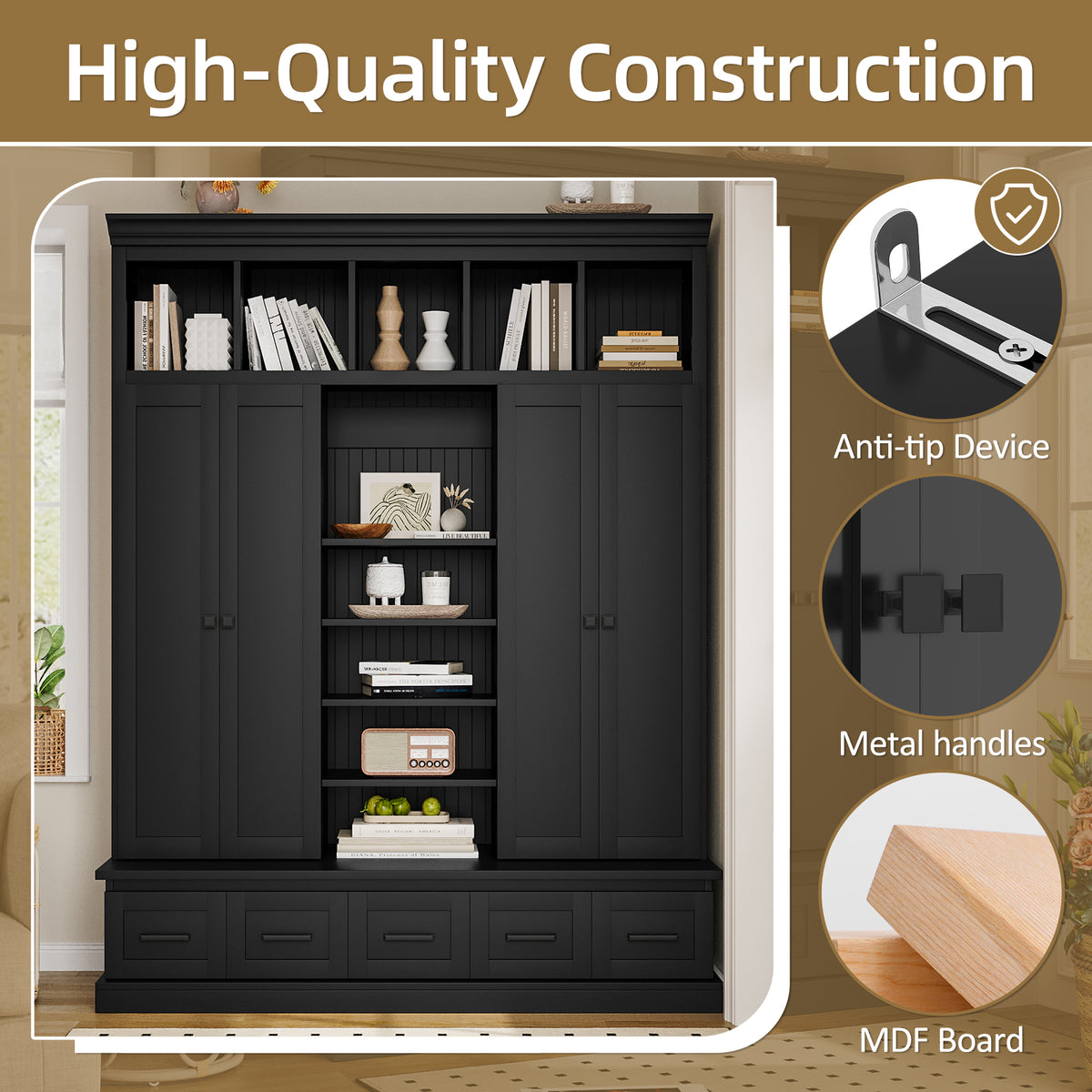 variant-group:rf-n724sj000139aab|Roomfitters 78.7" Hall Tree with Bench, 5 Cubbies, 4 Doors, 5 Drawers, Adjustable Shelves, Black