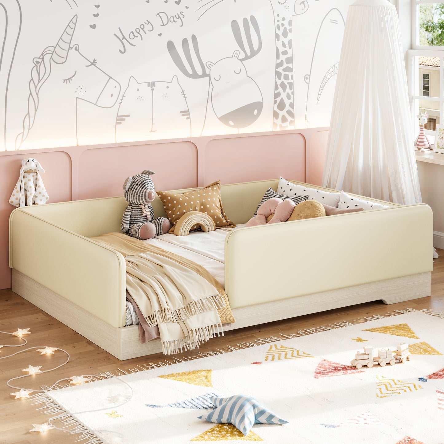variant-group:rf-w1580s00671|Roomfitters Full Size Upholstered Floor Bed Frame with Removable Guardrails, Faux Leather Low Profile Platform, Beige
