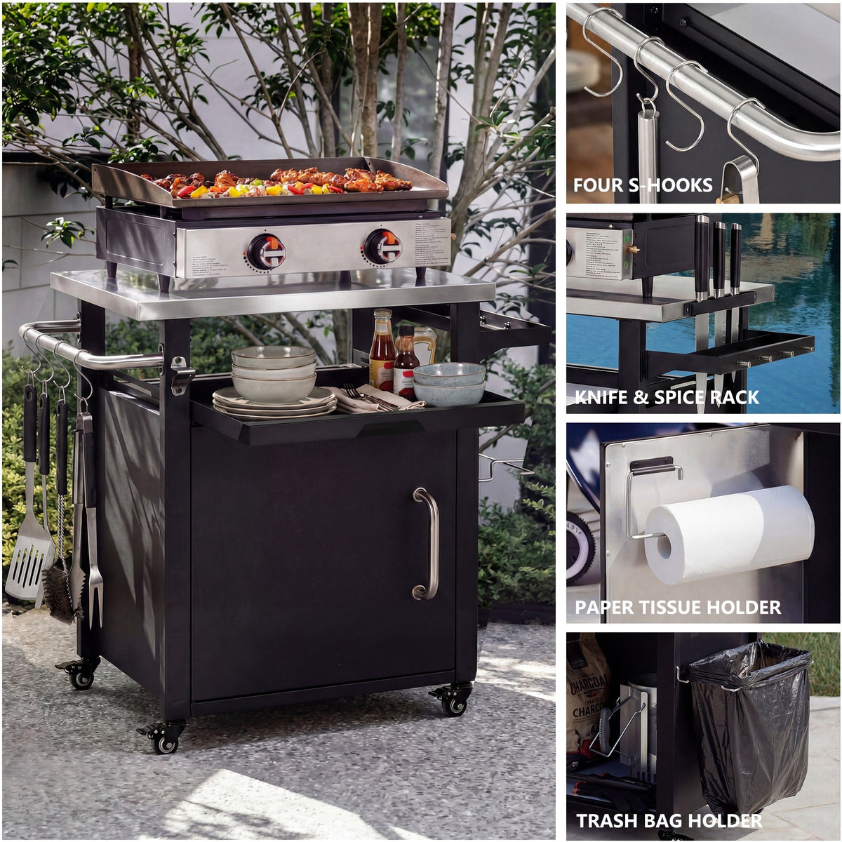Roomfitters 39.5" Grill Cart with Stainless Steel Top, Outdoor Kitchen Island, BBQ Prep Station with Trash Bag Holder, Black