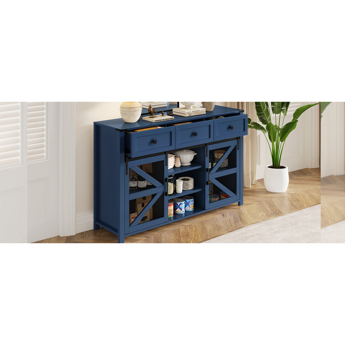 variant-group:rf-n711p347384v|Roomfitters 55" Sideboard Buffet Cabinet with 3 Drawers & Sliding Barn Doors, Farmhouse Storage for Kitchen & Dining, Navy Blue