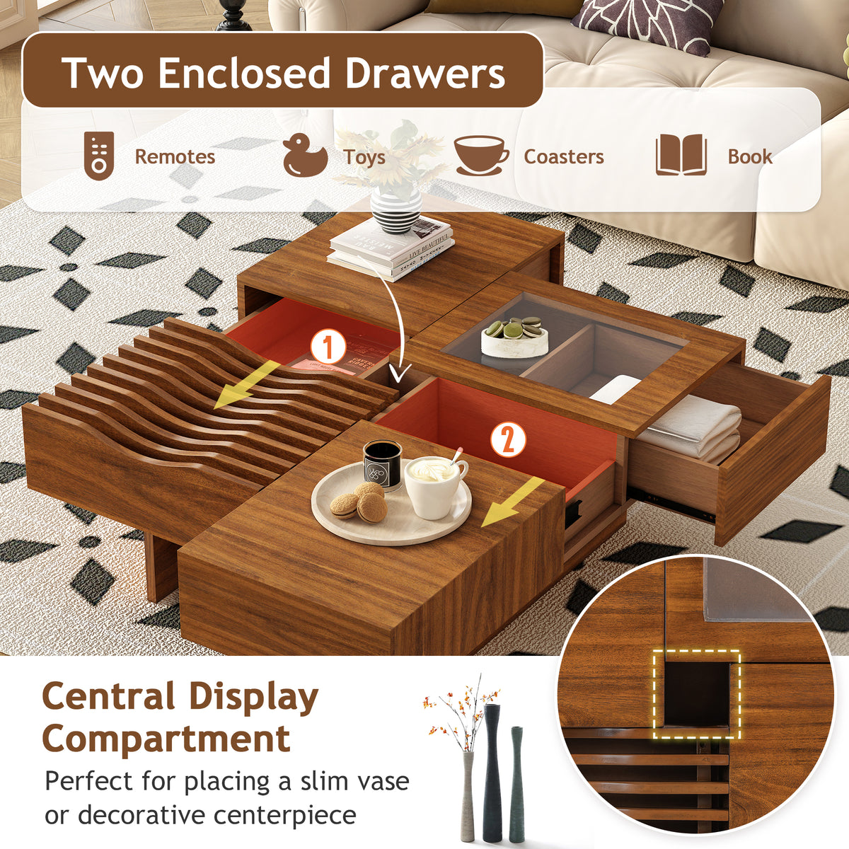 variant-group:rf-n724p270432d|Roomfitters Square Mid-Century Coffee Table with Glass Top and 3 Storage Compartments, Solid Wood Legs, Brown