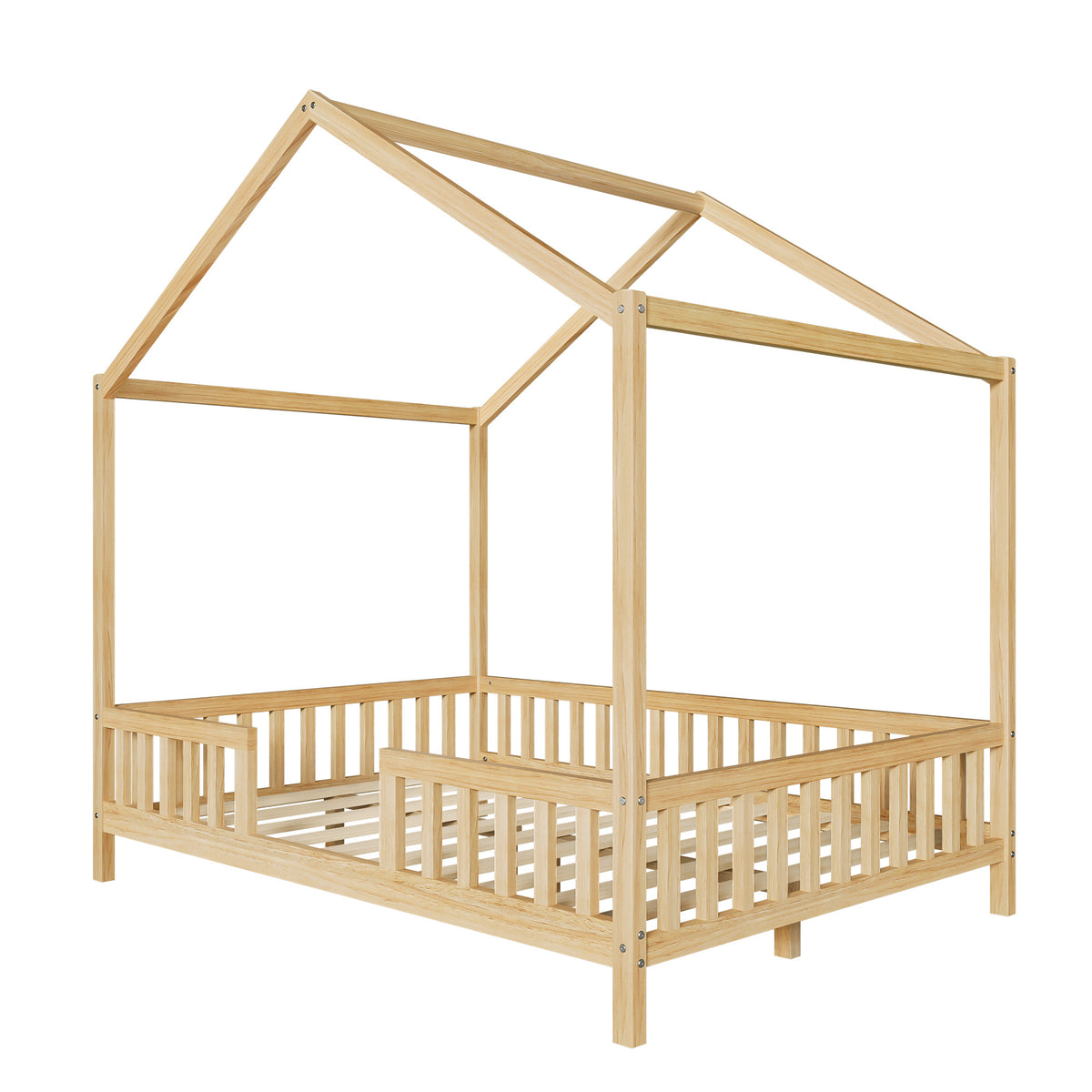 variant-group:rf-n733p356048m|Roomfitters Full Montessori Floor Bed with Canopy, House Shape Wood Frame with Safety Rails, Platform Bed, Natural