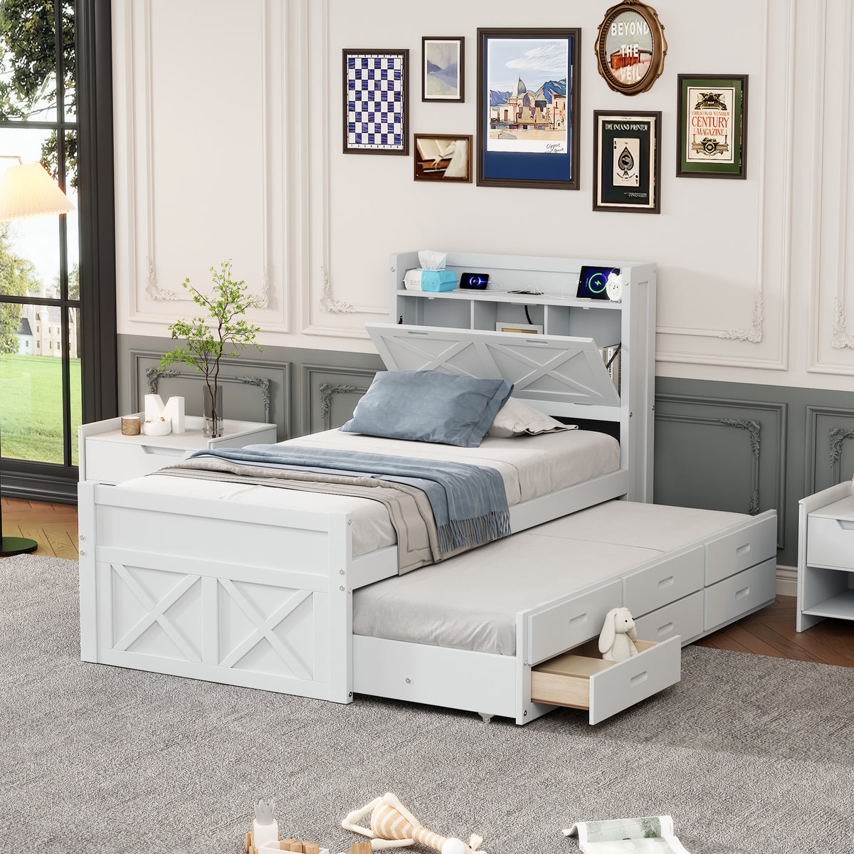 variant-group:rf-n733s172839k|Roomfitters Twin Size Wooden Bed with Storage Headboard, Functional Outlets, Extendable Frame with Twin Trundle and Smart Storage, White