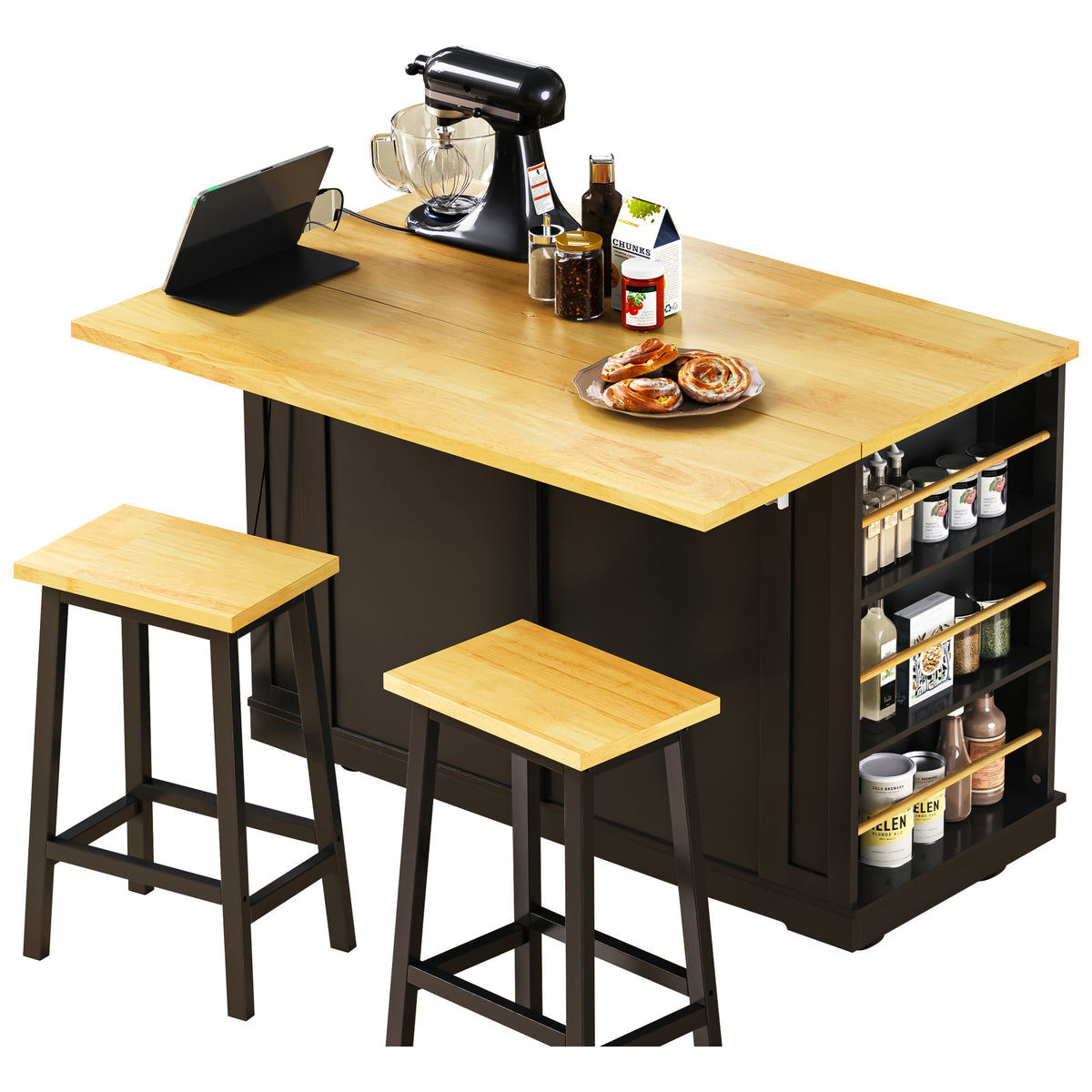 variant-group:rf-n707s257057b|Roomfitters 48" Kitchen Island with Power Outlet and Drop Leaf, Rolling Storage Cabinet with Wood Top and Spice Rack, Black