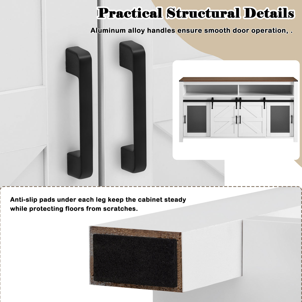 variant-group:rf-n711p347388k|Roomfitters 59.3" Sideboard Buffet Cabinet with Sliding Barn Doors, Modern Farmhouse Storage for Kitchen & Dining, Brown+White