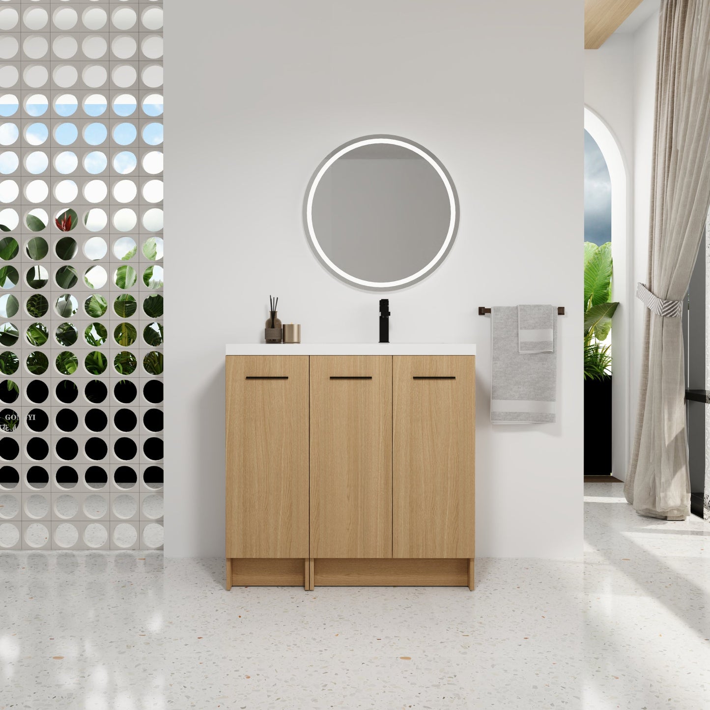 36" Modular Freestanding Bathroom Vanity with 36" Resin Sink Top, Light Oak, 2-Piece Cabinet (24" 2-Door + 12" 1-Door), KD Cabinet, Includes Black & Brushed Aluminum Handles Roomfitters