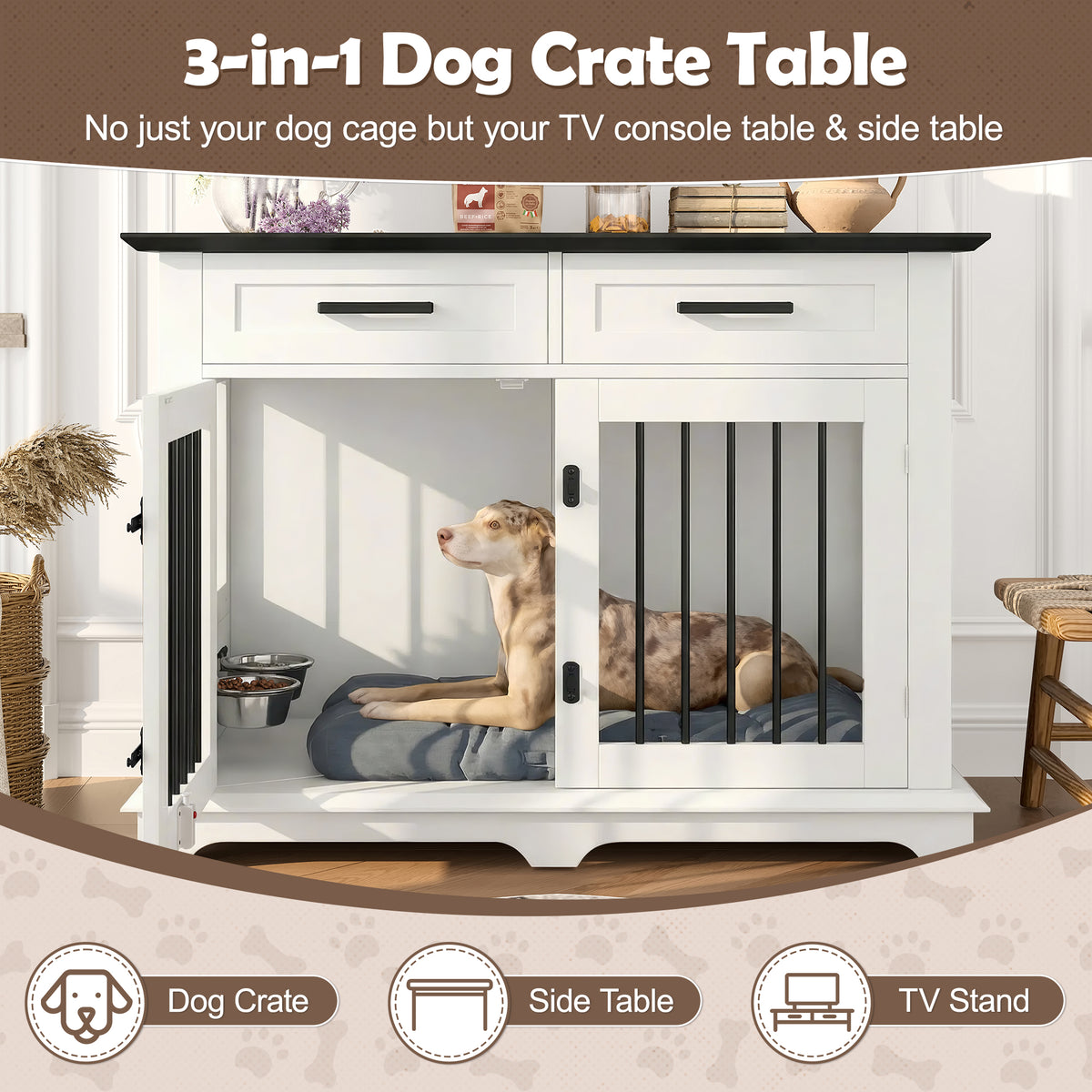 variant-group:rf-n704p379112k|Roomfitters 44-Inch Decorative Dog Crate Furniture Indoor Wooden Kennel End Table with 360 Rotating Bowls White and Black