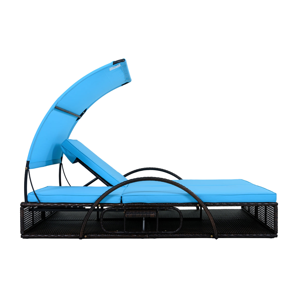 variant-group:rf-n711wy000485aac|Roomfitters Blue HDPE Wicker Outdoor Double Sunbed, Steel Frame Patio Chaise, Hidden Side Tables, Canopy Shade