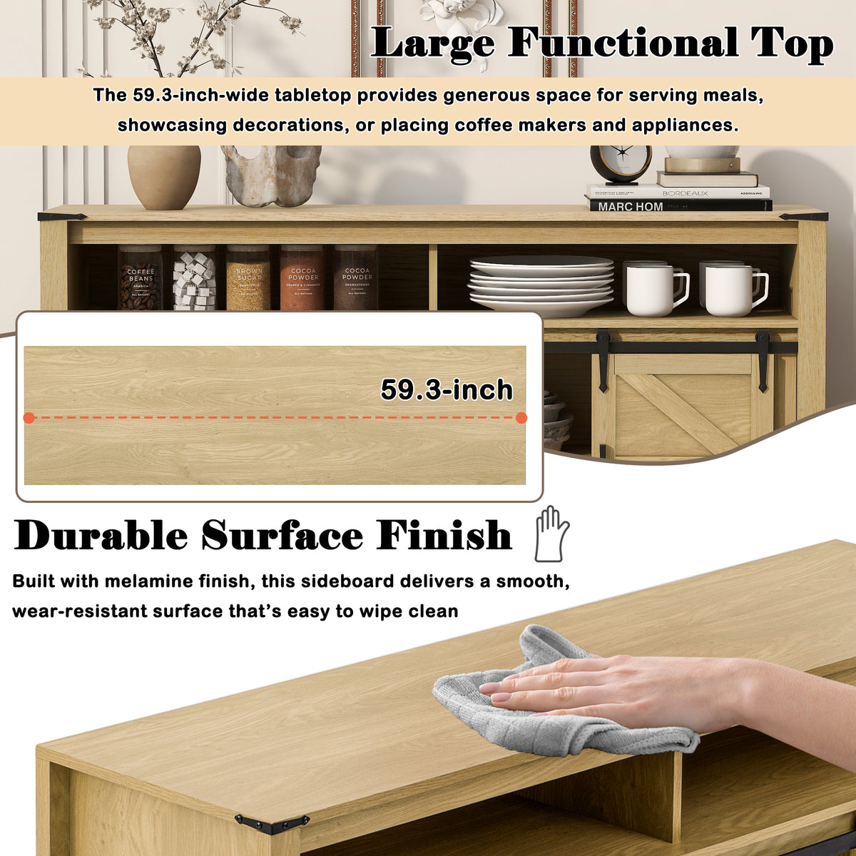 variant-group:rf-n711p347388o|Roomfitters 59.3" Sideboard Buffet Cabinet with Sliding Barn Doors, Modern Farmhouse Storage for Kitchen & Dining, Natural