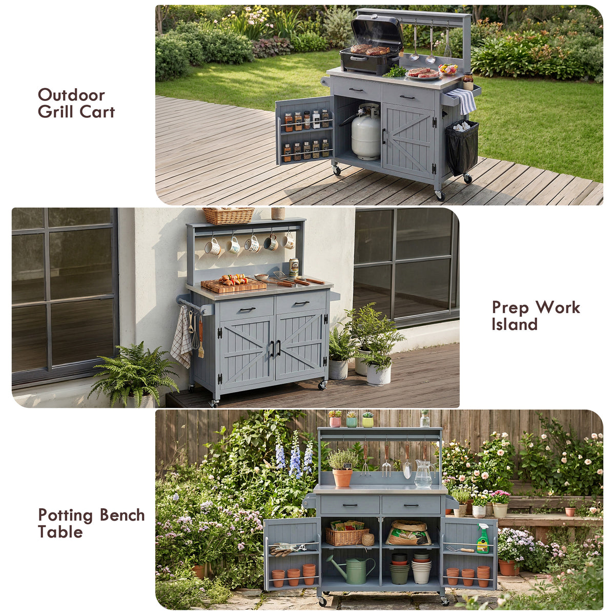variant-group:rf-n707p409087g|Roomfitters 54.1" Grill Cart, Outdoor Kitchen Prep Station with Stainless Steel Top and Propane Tank Storage, Grey+Blue