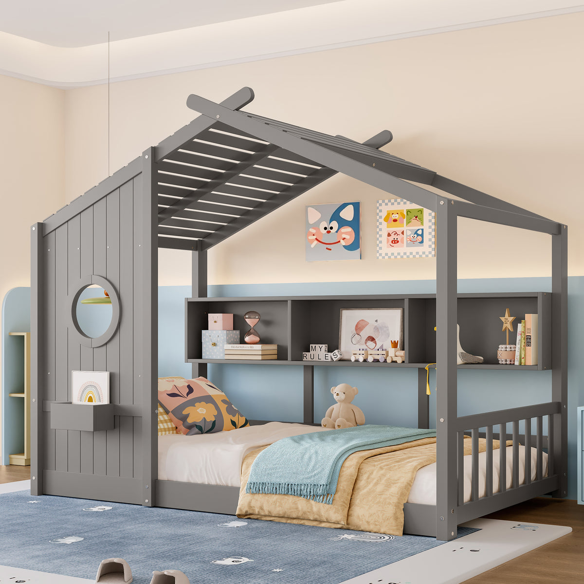 variant-group:rf-n733p335064e|Roomfitters Twin Size Floor House Bed with Storage Shelf and Roof Design, Montessori Playhouse Bed, Gray