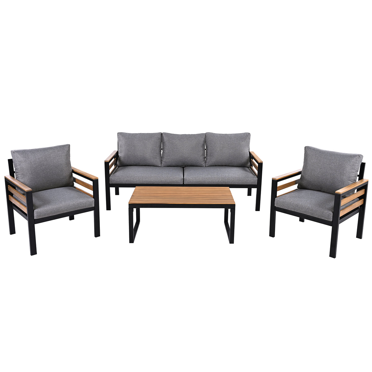 variant-group:rf-n704f201246e|Roomfitters 4-Piece Outdoor Patio Furniture Set with 3-Seater Sofa, 2 Armchairs and Coffee Table, Wood Accents, Grey