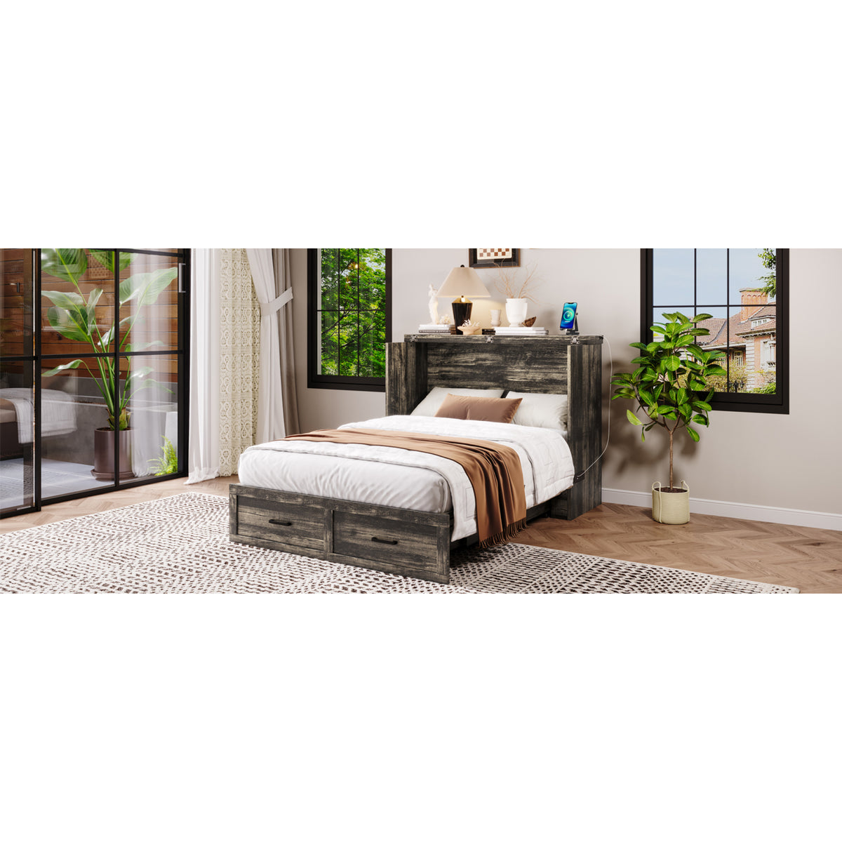 variant-group:rf-n733s293995g|Roomfitters Full Size Murphy Bed Cabinet with Charging Station, Foldable Platform Bed with Storage Drawer, Rustic Gray