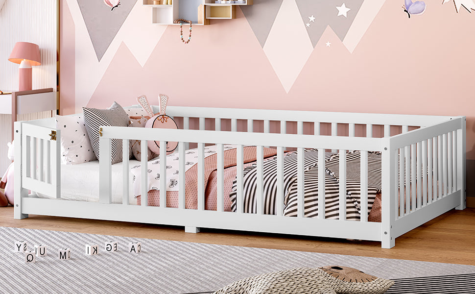 variant-group:rf-w1580p338950|Roomfitters Wooden Full Floor Bed Frame with Door & Safety Guardrails, Low Platform Design for Bedroom or Playroom, White