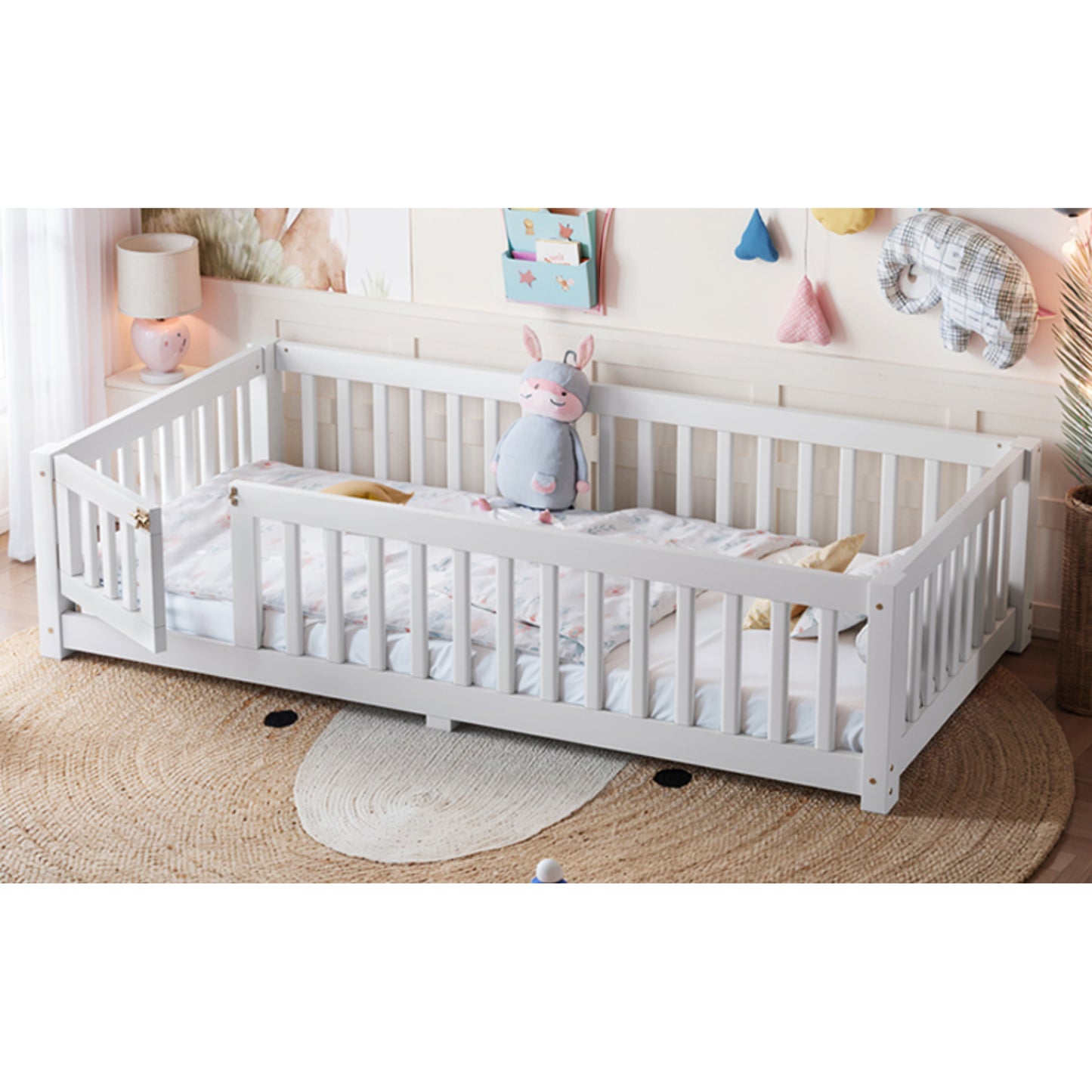 variant-group:rf-w1580p462311|Roomfitters Twin Size Wooden Floor Bed Frame with Safety Guardrails Door, Solid Wood Low Profile Toddler Play Bed, White