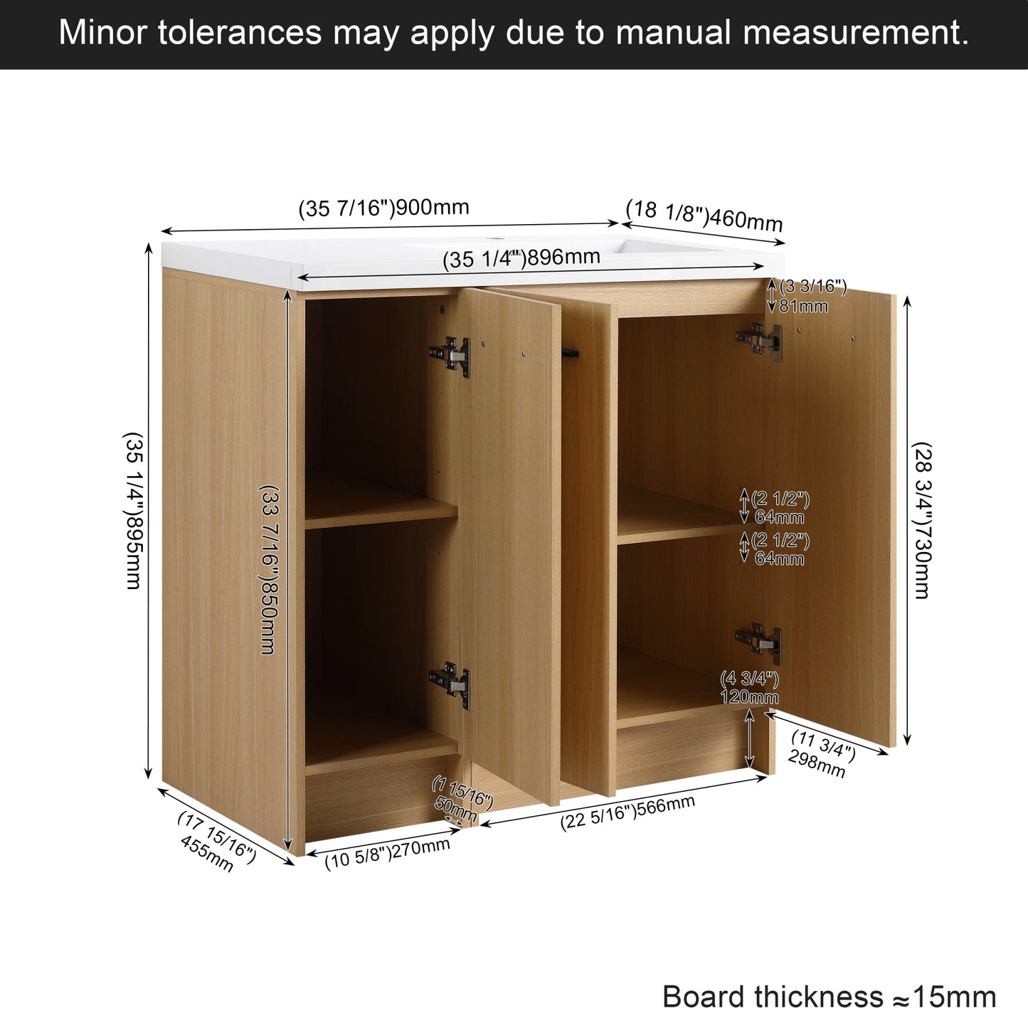 36" Modular Freestanding Bathroom Vanity with 36" Resin Sink Top, Light Oak, 2-Piece Cabinet (24" 2-Door + 12" 1-Door), KD Cabinet, Includes Black & Brushed Aluminum Handles Roomfitters