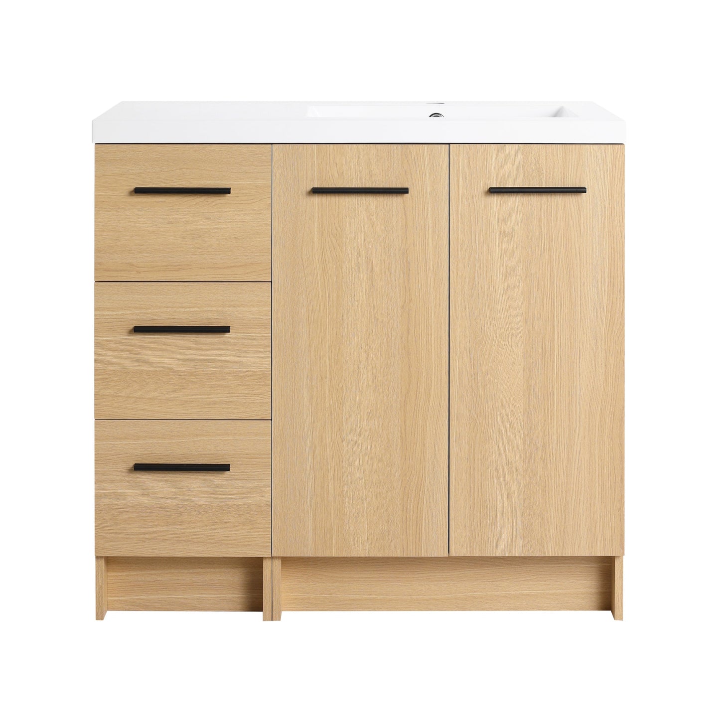 36" Modular Freestanding Bathroom Vanity with 36" Resin Sink Top, Light Oak, 2-Piece Cabinet (24" 2-Door + 12" 3-Drawer), KD Cabinet, Includes Black & Brushed Aluminum Handles Roomfitters