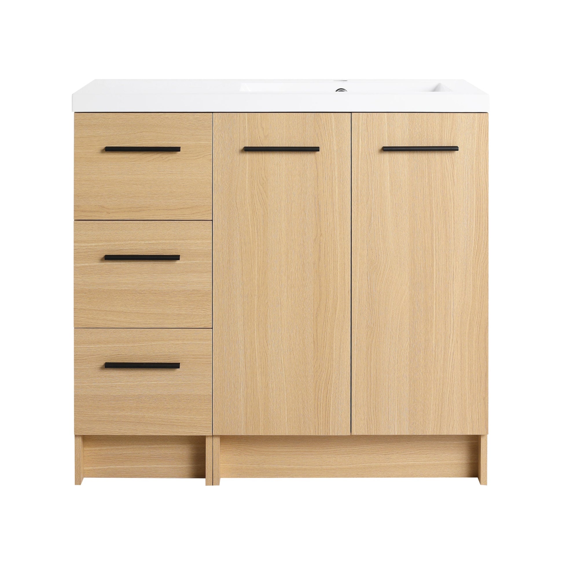 36" Modular Freestanding Bathroom Vanity with 36" Resin Sink Top, Light Oak, 2-Piece Cabinet (24" 2-Door + 12" 3-Drawer), KD Cabinet, Includes Black & Brushed Aluminum Handles Roomfitters