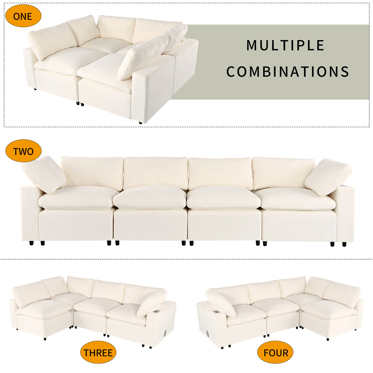 variant-group:rf-n711wy000413aaa|Roomfitters Upholstered Modular Sofa with Storage Space, USB Charging Ports, Wireless Charging, Built-in Bluetooth Speaker, Sectional Sofa for Living Room and Apartment, Beige