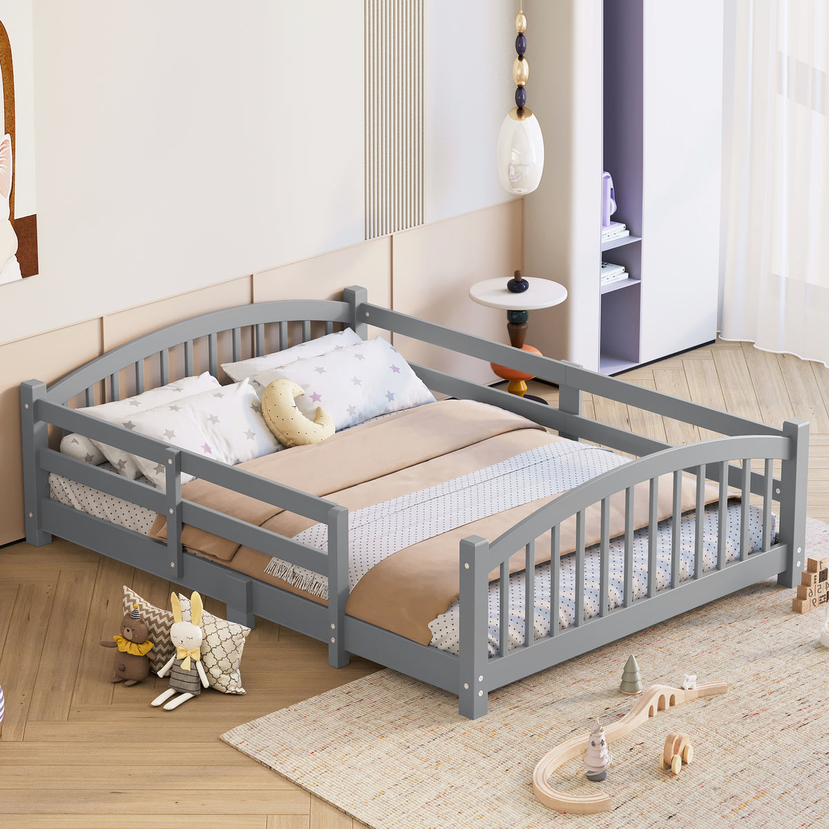 variant-group:rf-n733p400299e|Roomfitters Full Montessori Floor Bed with Guardrails, Solid Wood Low Platform Bed with Slats, Easy Assembly, Gray