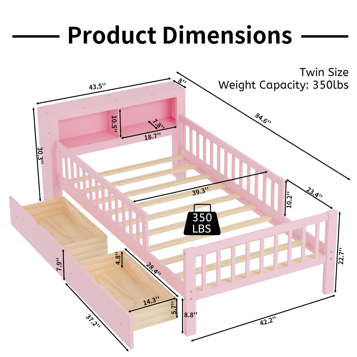 variant-group:rf-n733p272374h|Roomfitters Twin Bed with Headboard Storage Rack, Under-Bed Storage and Three-Side Guardrails, Pink