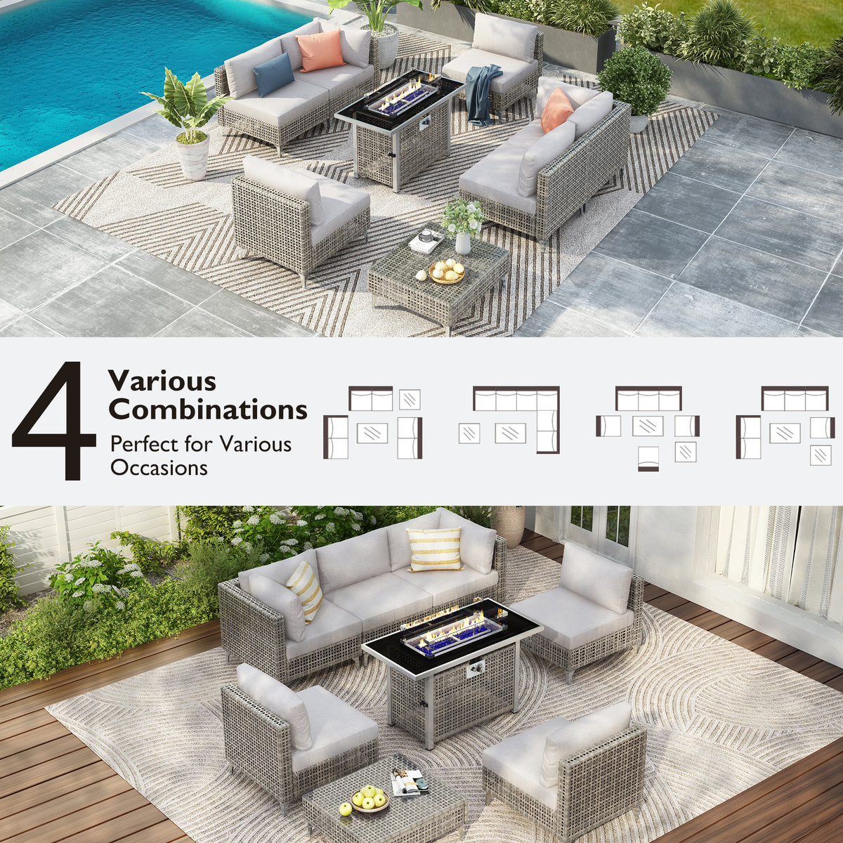variant-group:rf-n707s000012g|Roomfitters 8-Piece Patio Furniture Set with 43" Fire Pit Table, Outdoor Conversation Set with Thick Cushions, Grey