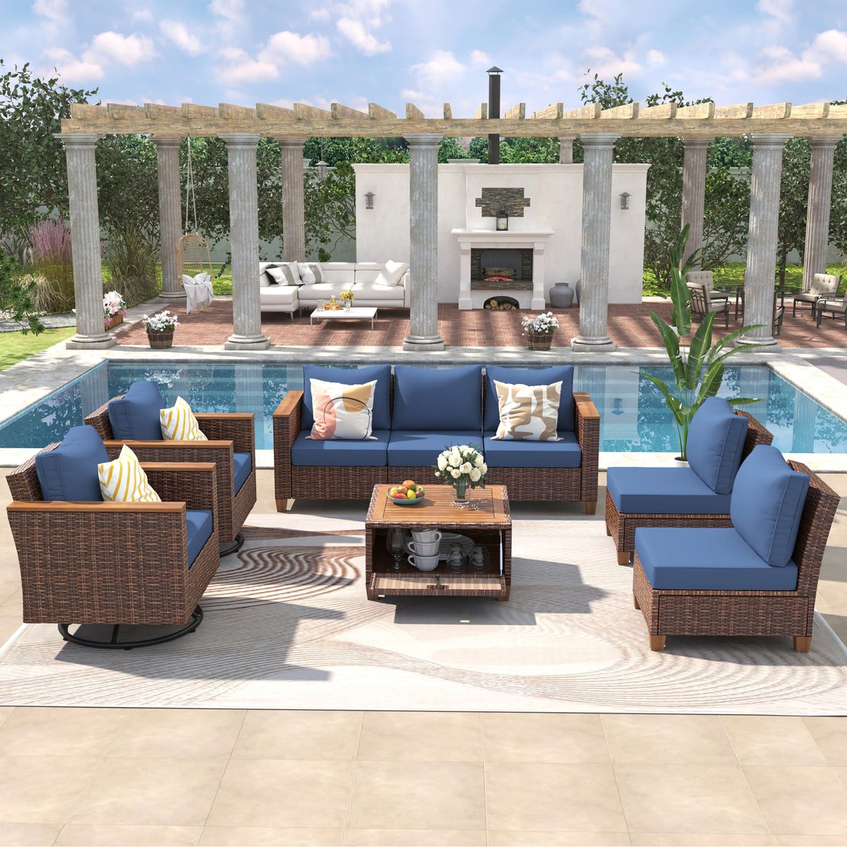 variant-group:rf-n707s005016e|Roomfitters 8-Piece Patio Furniture Set with 360 Swivel Rocker Chairs, Modular Outdoor Sectional Sofa & Table, Blue+Brown
