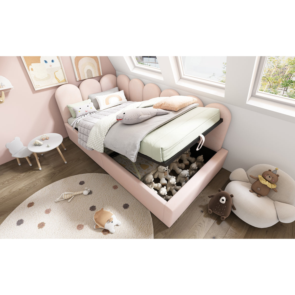 variant-group:rf-n736p333613p|Roomfitters Upholstered Twin Size Ottoman Daybed with Storage, Sofa Bed with Metal Slat Frame, Velvet Pink