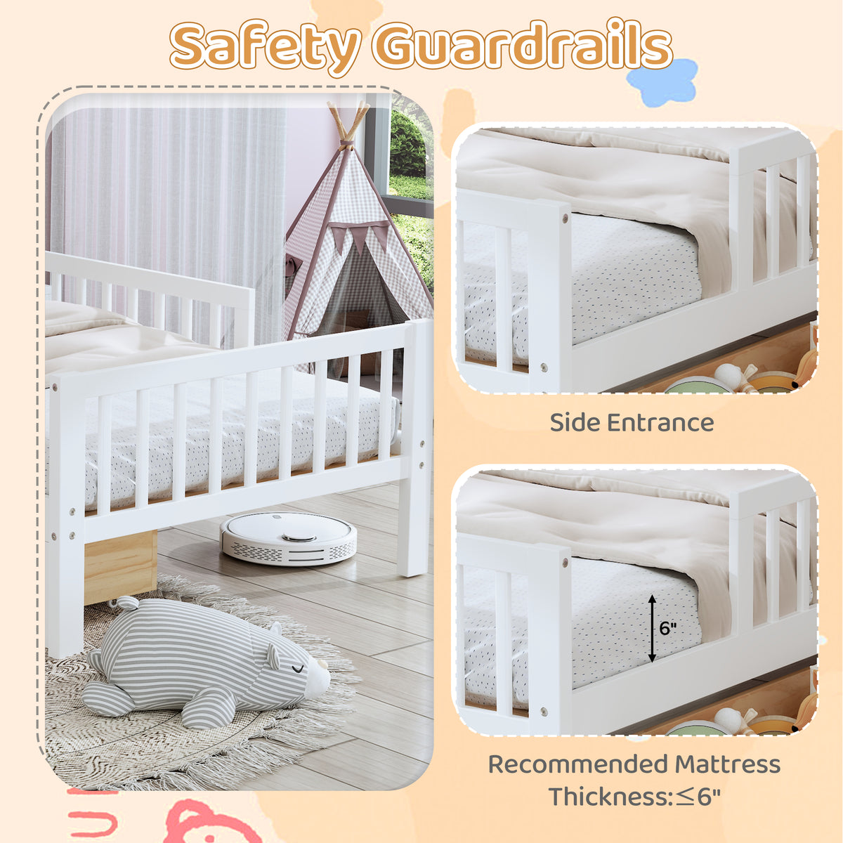 variant-group:rf-n733p272374k|Roomfitters Twin Bed with Headboard Storage Rack, Under-Bed Storage and Three-Side Guardrails, White