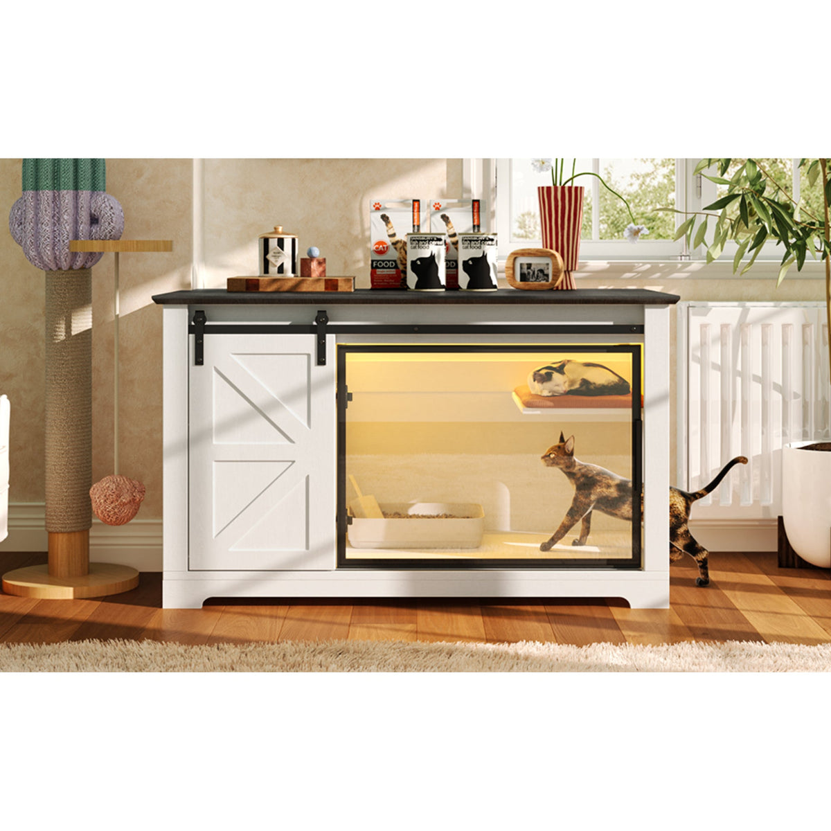 Roomfitters 46-Inch Farmhouse Cat Litter Box Enclosure Hidden Cabinet Nightstand with Sliding Barn Door White Roomfitters
