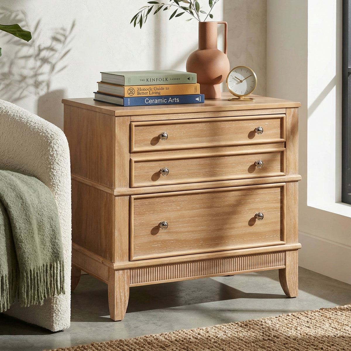 variant-group:rf-n701p183796d|Roomfitters 3 Drawer Farmhouse Wood Nightstand Side Table, Fully Assembled Bedside Accent Furniture, Felt Lined, Hazel