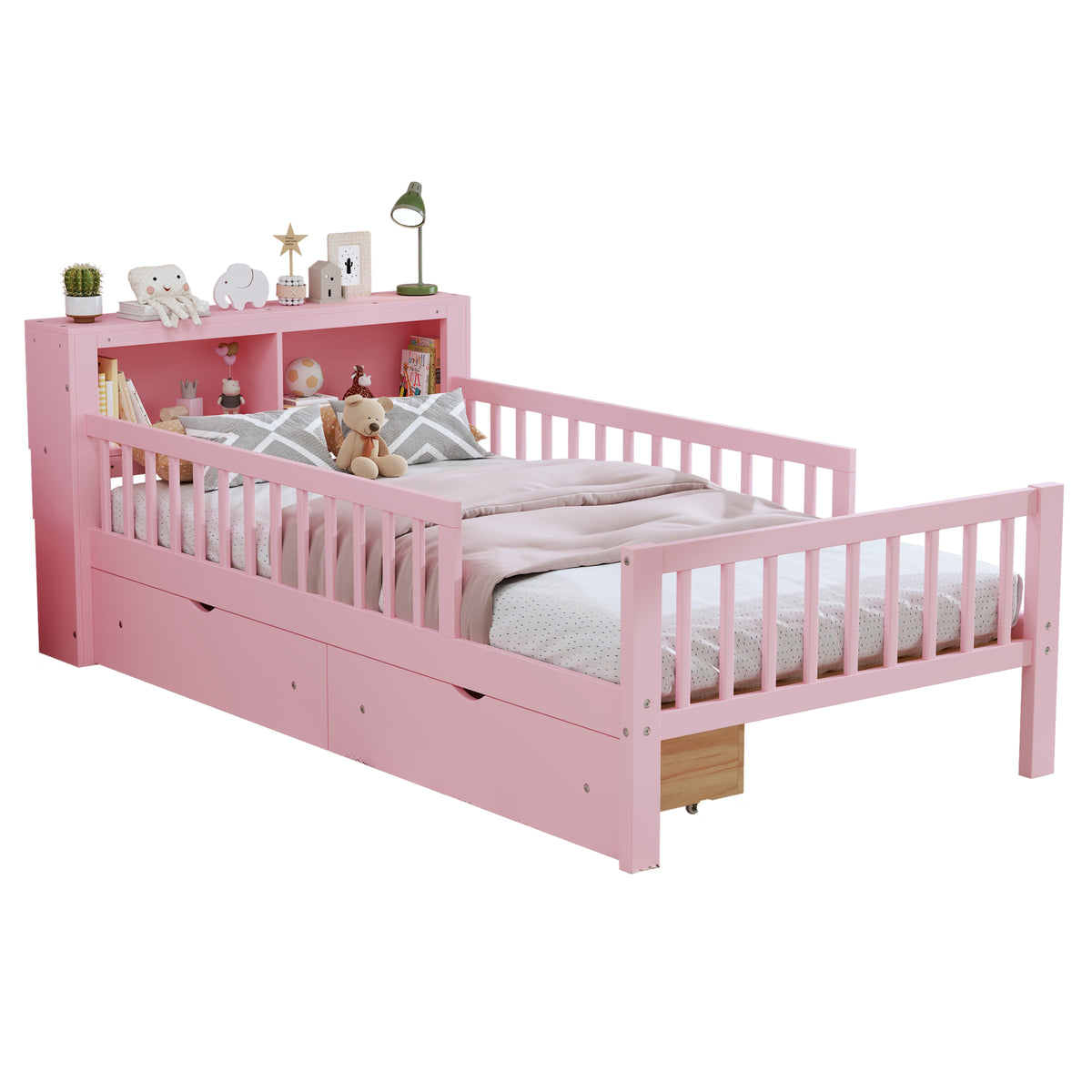 variant-group:rf-n733p272374h|Roomfitters Twin Bed with Headboard Storage Rack, Under-Bed Storage and Three-Side Guardrails, Pink