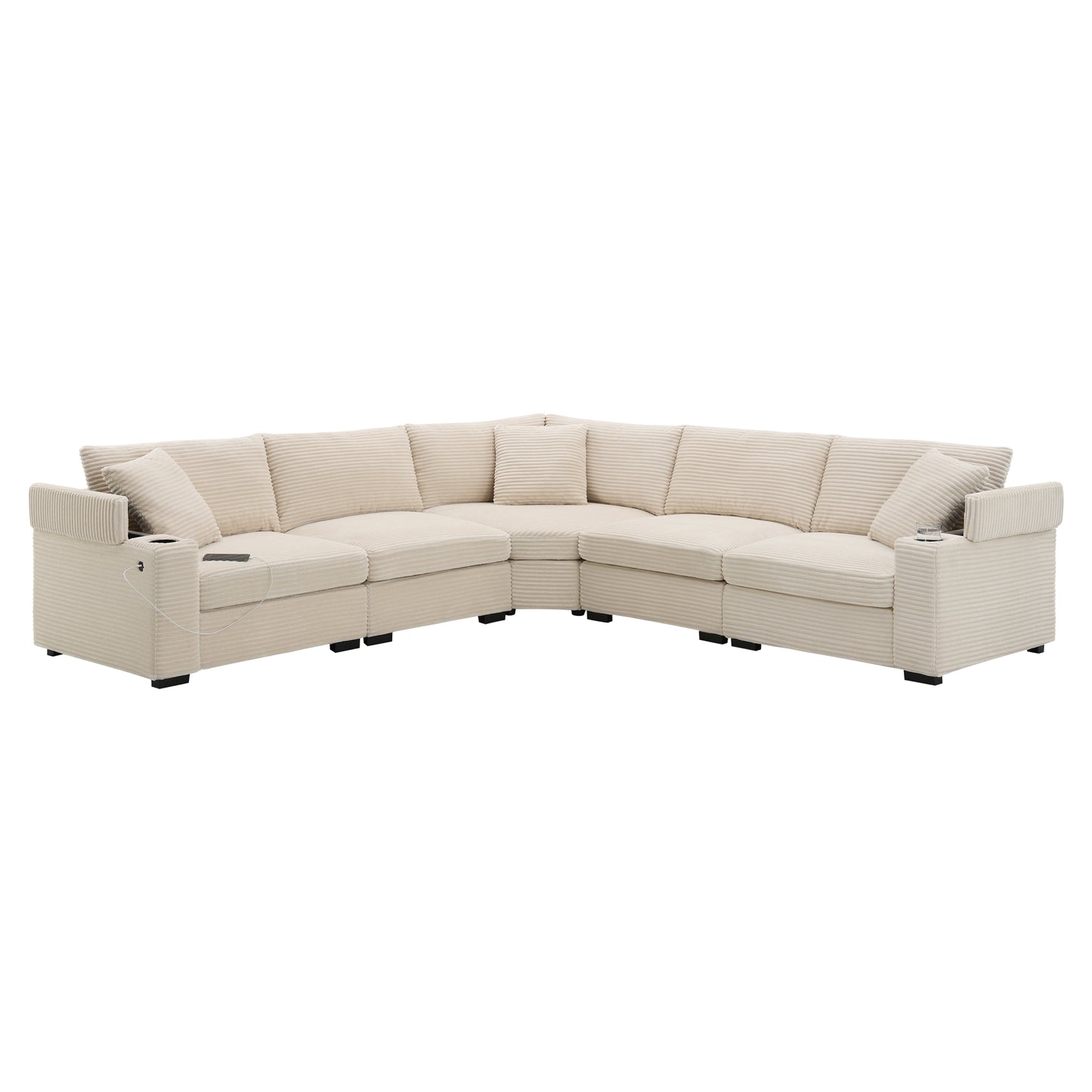 variant-group:rf-n723s1187a|Roomfitters 104 Inch Modern L-Shaped Sectional Sofa with Cup Holders, Comfortable Corduroy Upholstered Corner Couch, Beige