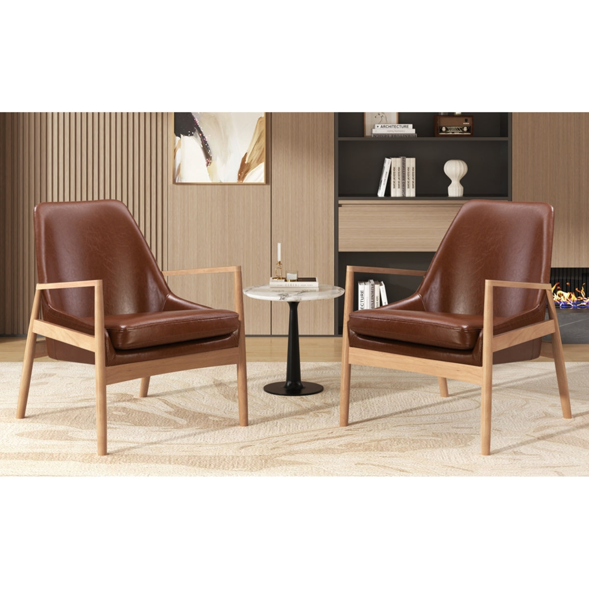 variant-group:rf-n724sj000145aad|Roomfitters PU Leather Mid-Century Accent Chairs with Solid Wood Frame and High Backrest, Set of 2, Brown