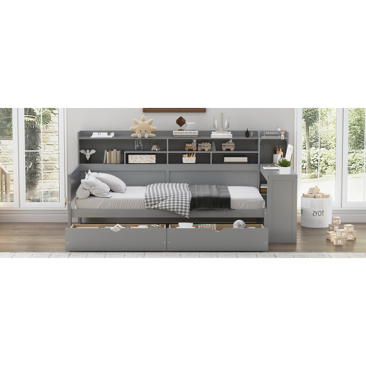 variant-group:rf-n733s241484e|Roomfitters Wooden Twin Size Daybed with Storage Shelves, Multi-functional Bed with Two Storage Compartments and Study Desk, Gray