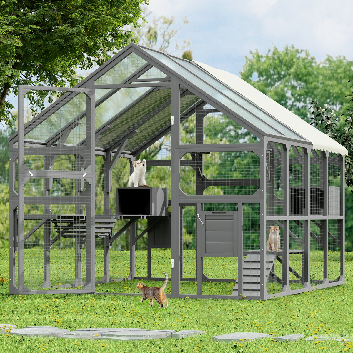 Roomfitters Large Catio Outdoor Cat Enclosure Wooden Cat House with 7 Platforms 2 Resting Boxes and Bridge Gray Roomfitters