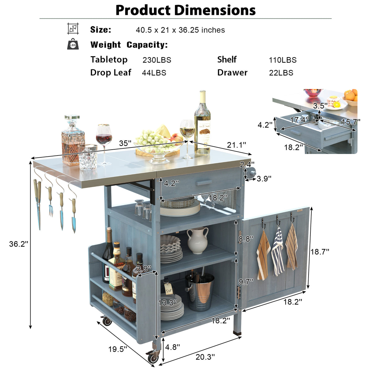 variant-group:rf-n707p228272g|Roomfitters 40.5" Outdoor Grill Cart with Stainless Steel Top, Wood Storage Cabinet, Drop Leaf, Rolling Cart, Blue Grey
