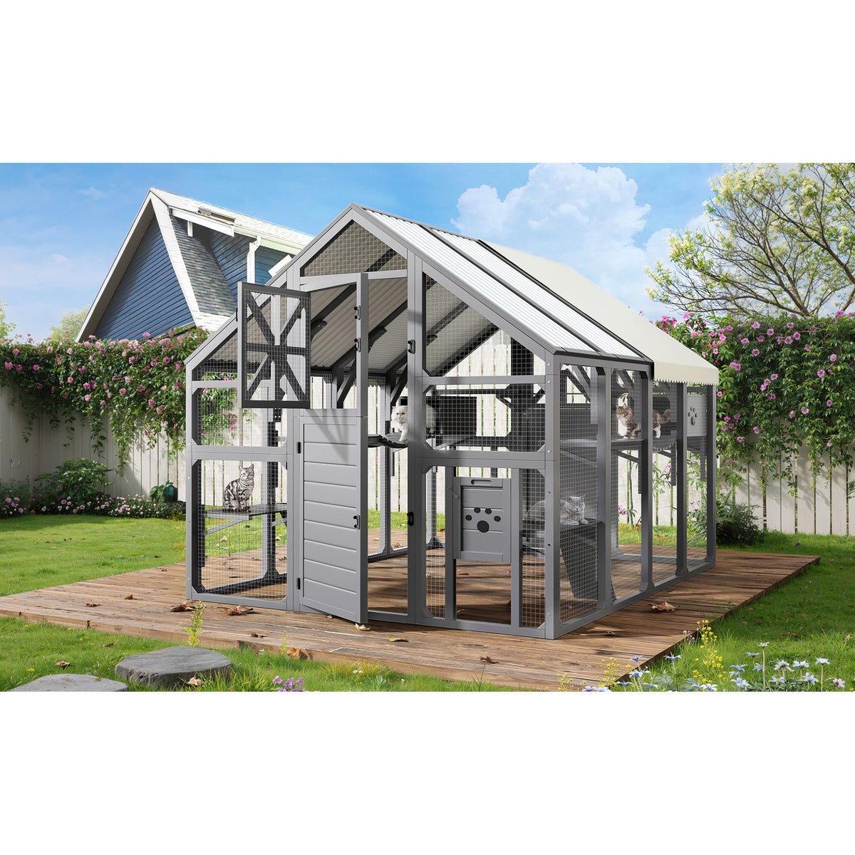 variant-group:rf-n704g201618e|Roomfitters Extra Large Outdoor Catio Cat Enclosure with Cooling PVC Roof and Insulated Boxes Gray