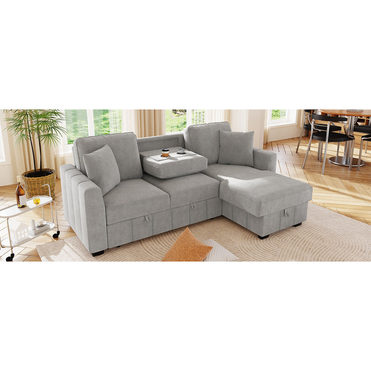 variant-group:rf-n711wy000467aae|Roomfitters 90" L-Shaped Sectional Sleeper Sofa with Storage Chaise and Pull Out Bed, Fold Down Cup Holder Table, Grey