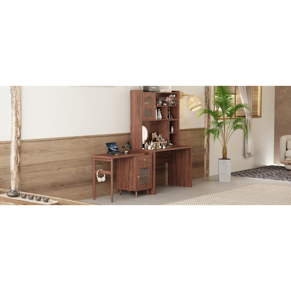 variant-group:rf-n733s363716d|Roomfitters Rotating L-Shaped Computer Desk with Shelves and Storage, 90° Swivel Office Writing Desk, Walnut