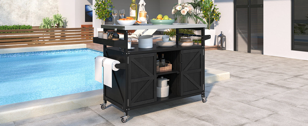 Roomfitters Outdoor Kitchen Island, Rolling Bar Cart with Storage Cabinet, Wood Grill Table, Stainless Steel Top, Spice Rack, Black