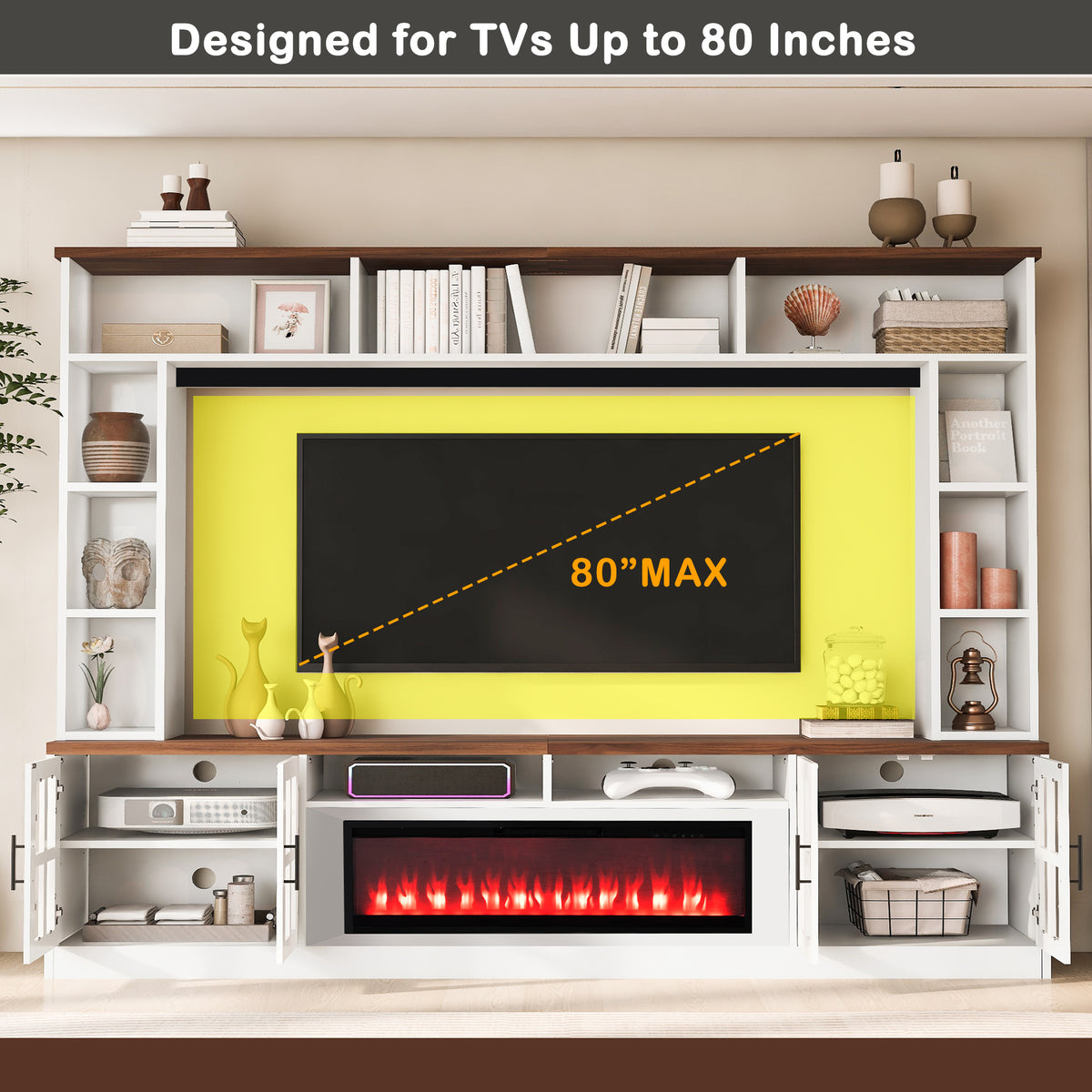 variant-group:rf-n724sj000159aak|Roomfitters 95.5"W Large Wall Unit Entertainment Center, 39" LED Fireplace, White & Walnut