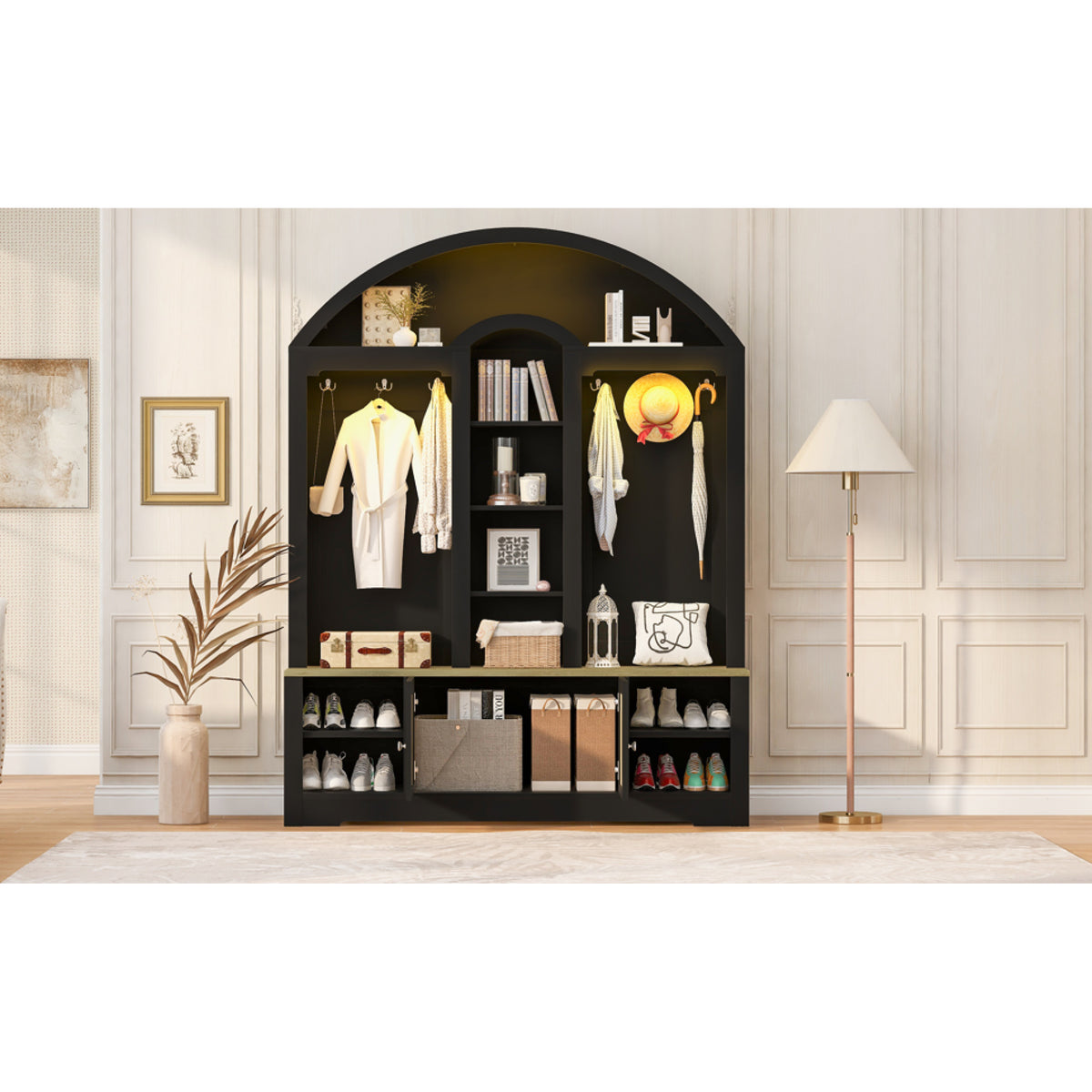 variant-group:rf-n724sj000158aab|Roomfitters Multi-Functional Curved Entrance Wardrobe, Hall Tree, Black & Natural