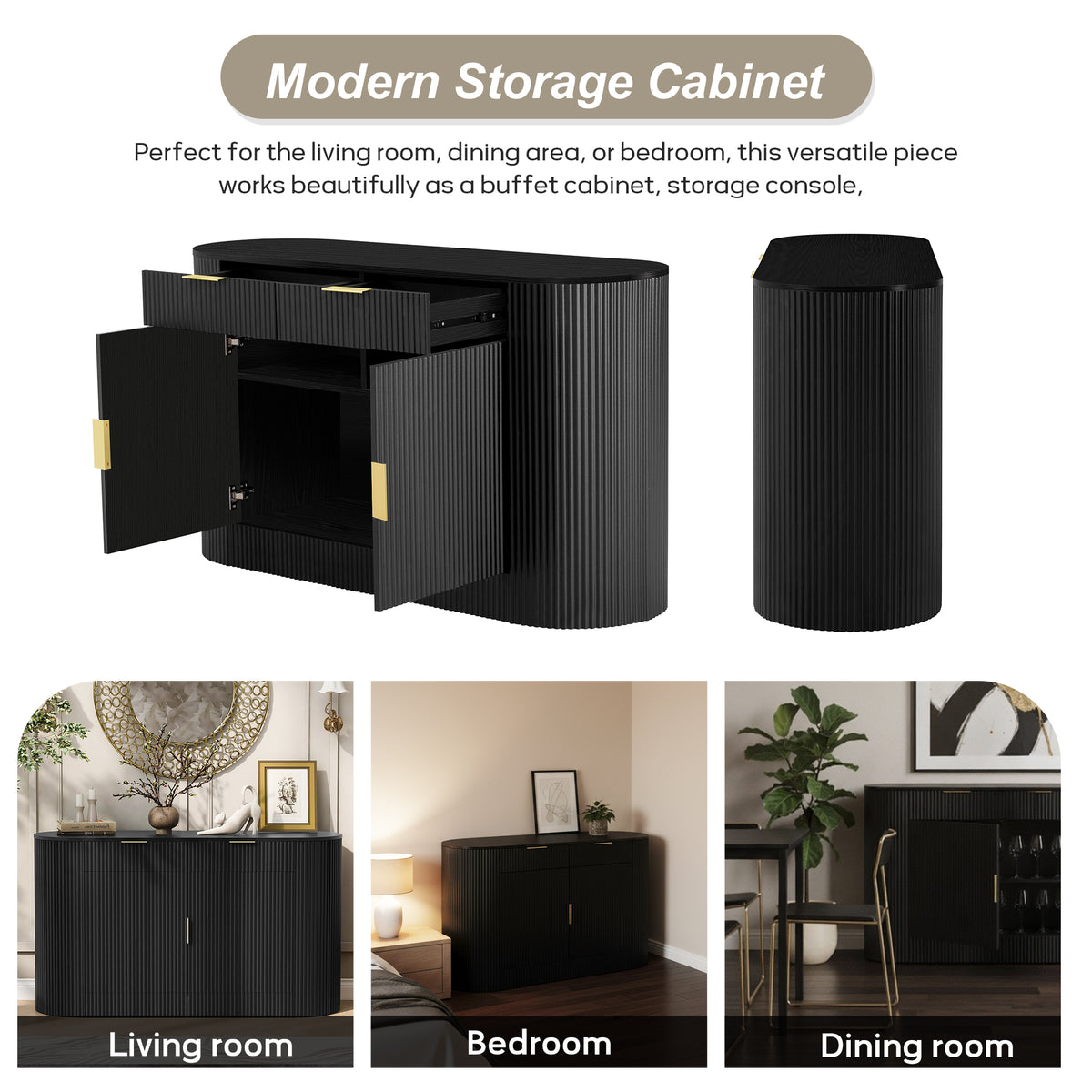 variant-group:rf-n711p345168b|Roomfitters 55.1" Oval Sideboard Buffet Cabinet with 2 Drawers & Wine Rack, Mid-century Modern Fluted Accent for Dining, Black