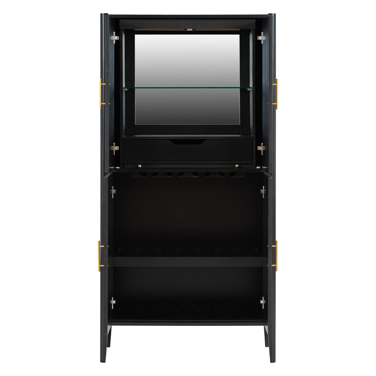 variant-group:rf-n711wy000539aab|Roomfitters Modern Black Fluted 4-Door Tall Wine Bar Storage Cabinet, Glass Display Rack, Built-In LED Lighting
