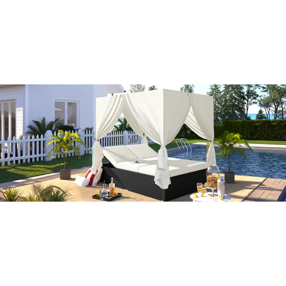 variant-group:rf-n711wy000476aak|Roomfitters Luxury Cabana Beige Outdoor Double Chaise Lounge Patio Daybed, Privacy Curtains, Adjustable Reclining